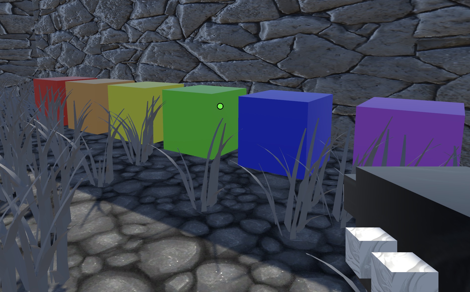 Room with large stone walls, looking at six colored cubes. From left to right, they are red, orange, yellow, green, blue, and violet. On the right, you are holding a black gun with two blank white cubes on it.