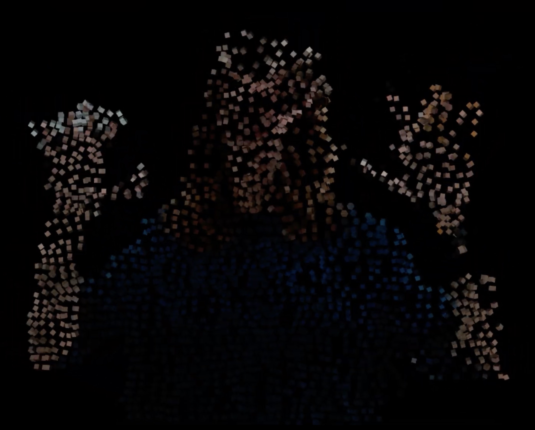 A human-shaped particle cloud, made up of colored cubes, floating over a black background.