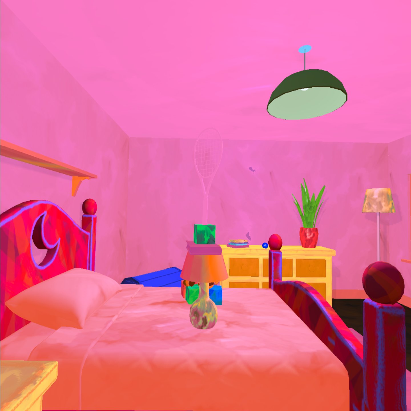 Two balloons floating through a sea of cartoonish 3D clouds.