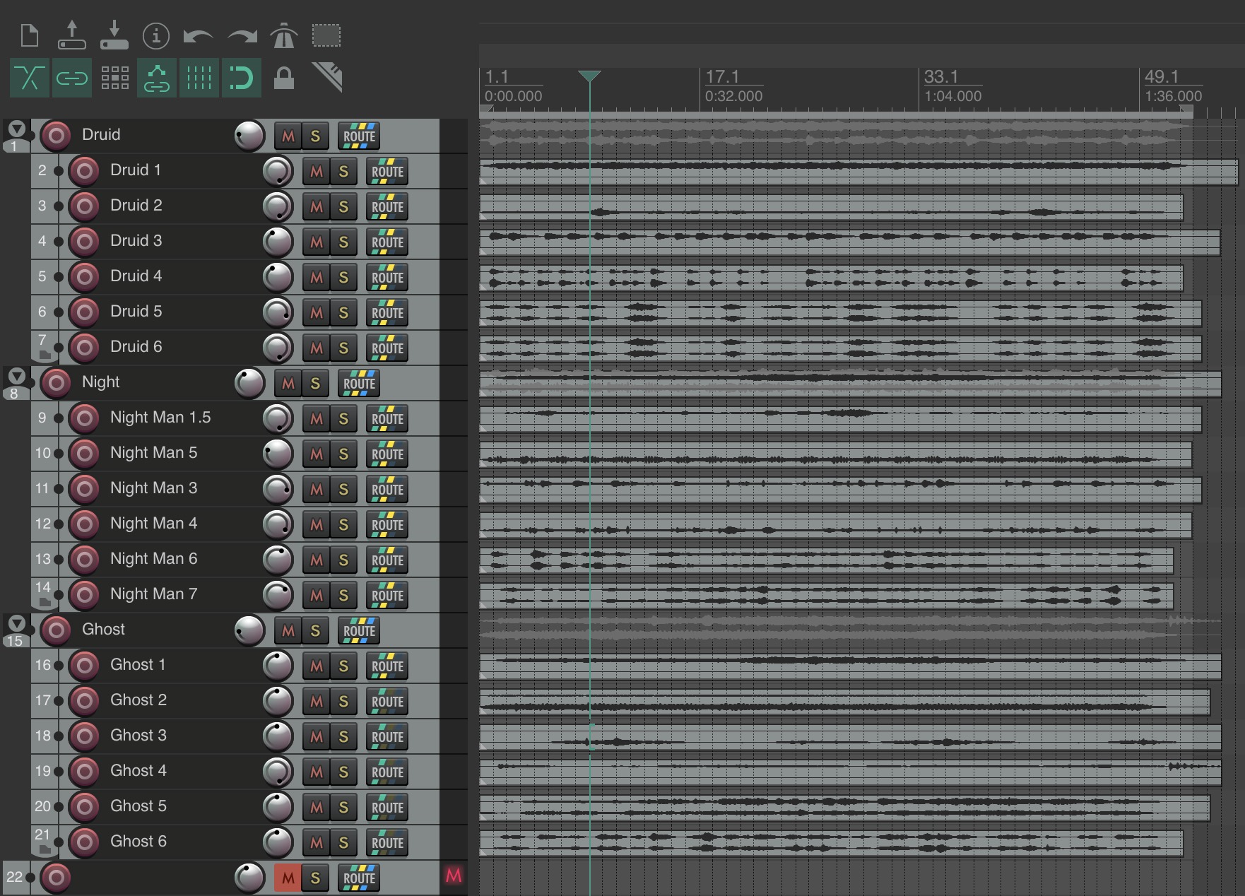 A screenshot of Reaper featuring 18 audio tracks with waveforms.