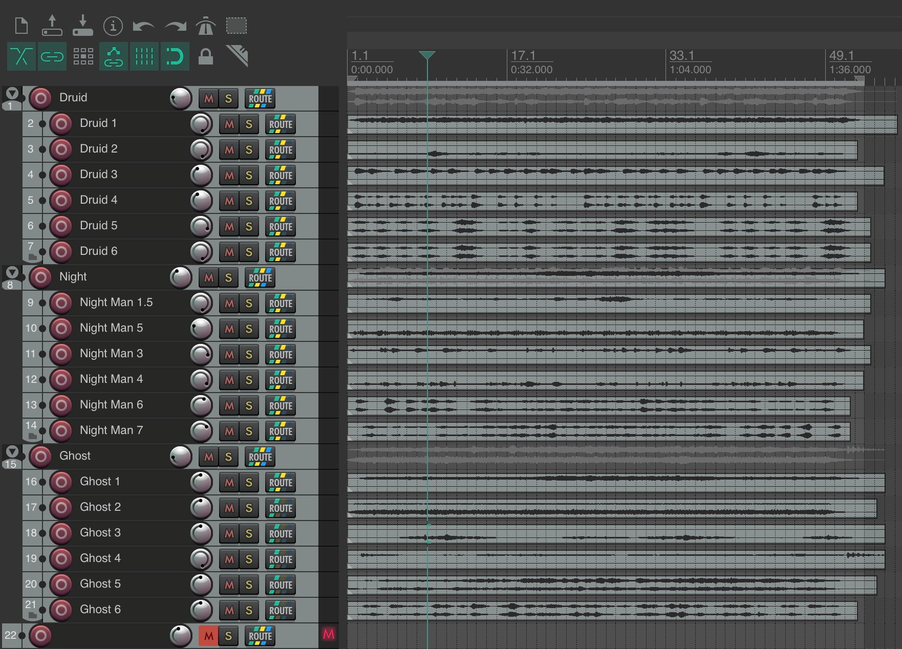 A screenshot of Reaper featuring 18 audio tracks with waveforms.