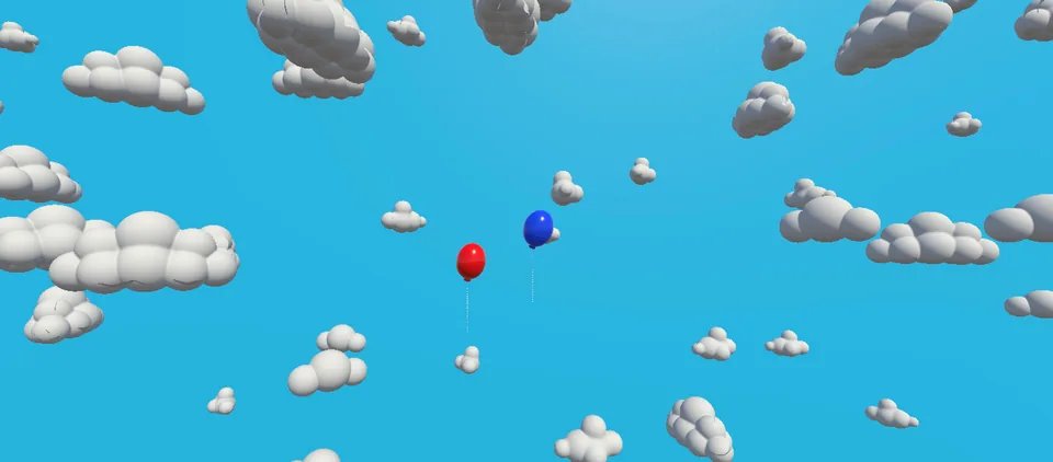 Two balloons floating through a sea of cartoonish 3D clouds.