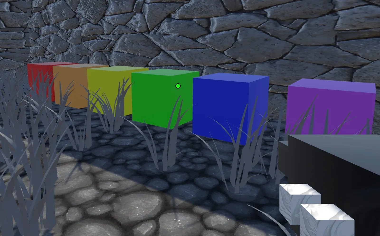 Room with large stone walls, looking at six colored cubes. From left to right, they are red, orange, yellow, green, blue, and violet. On the right, you are holding a black gun with two blank white cubes on it.