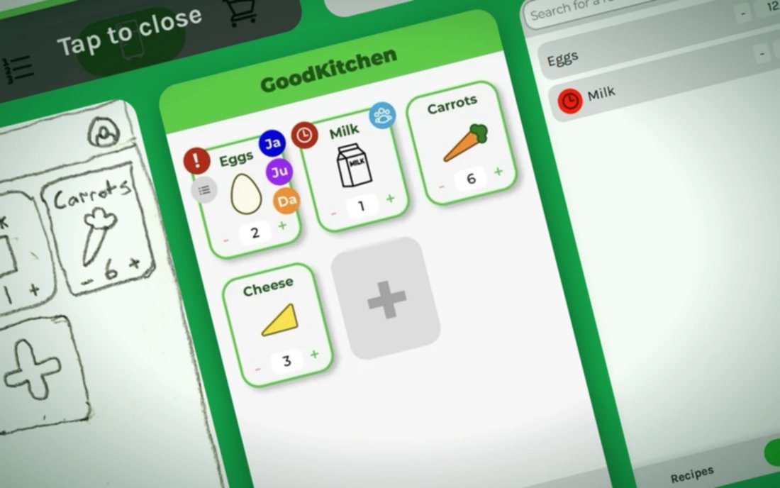 GoodKitchen's design process at an angle: the Figma fridge design with item cards for eggs, milk, carrots, and cheese, between a paper sketch of the same screen and the coded inventory page.