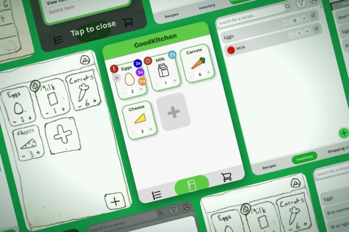 GoodKitchen's design process at an angle: a paper sketch of the fridge screen, the Figma fridge design with item cards for eggs, milk, carrots, and cheese in the center, and the coded inventory page, surrounded by more sketches and prototype screens.