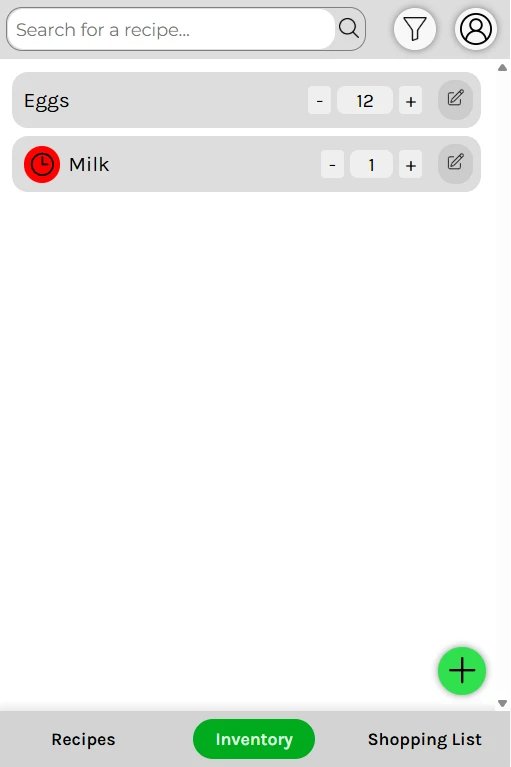 The inventory page: a search bar, filter and profile buttons, cards for eggs and milk with minus and plus buttons and an edit button, a red clock icon on the milk, and a green plus button to add an item.