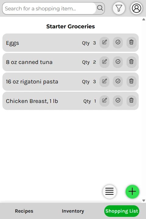 The shopping list page: the Starter Groceries list with eggs, canned tuna, rigatoni pasta, and chicken breast, each with a quantity and edit, add to fridge, and delete buttons, plus a list menu button and a green plus button.