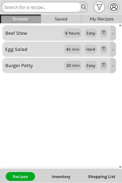 The recipes page: Browse, Saved, and My Recipes tabs above cards for beef stew, egg salad, and burger patty, each showing its cook time, difficulty, a save button, and a dropdown arrow.