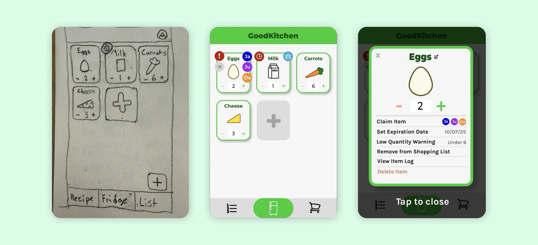 Three stages of the GoodKitchen fridge screen: a pencil sketch of the item grid, the Figma design with item cards for eggs, milk, carrots, and cheese, and the Figma item menu for eggs.