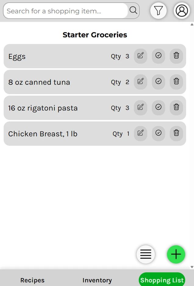 Before: the shopping tab opens on a Starter Groceries list with eggs, canned tuna, rigatoni pasta, and chicken breast, and a small list menu button near the bottom.