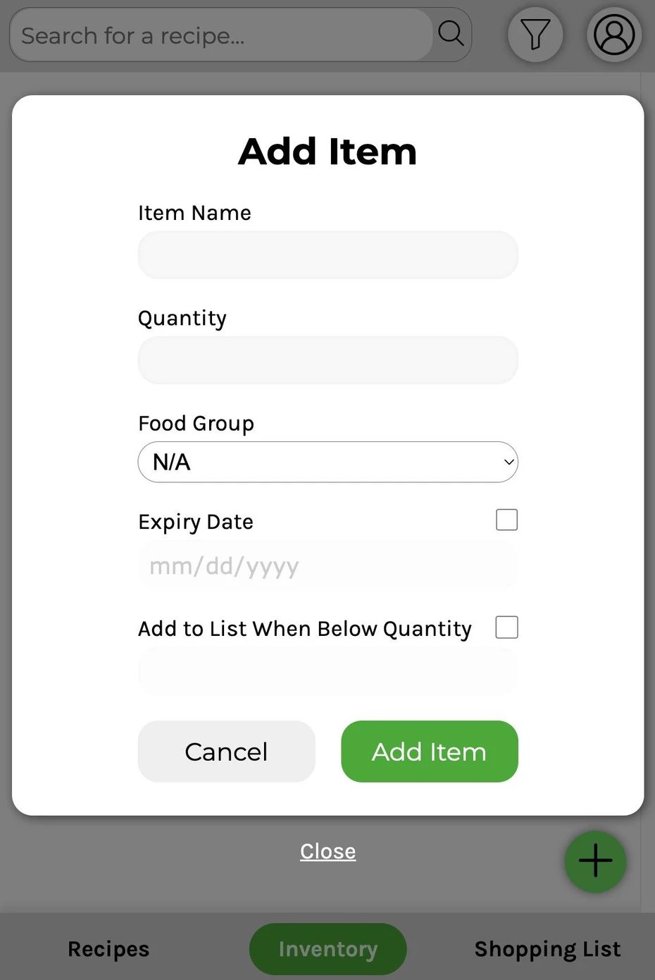 Before: the Add Item form with fields for item name, quantity, food group, expiry date, and a running-low quantity.