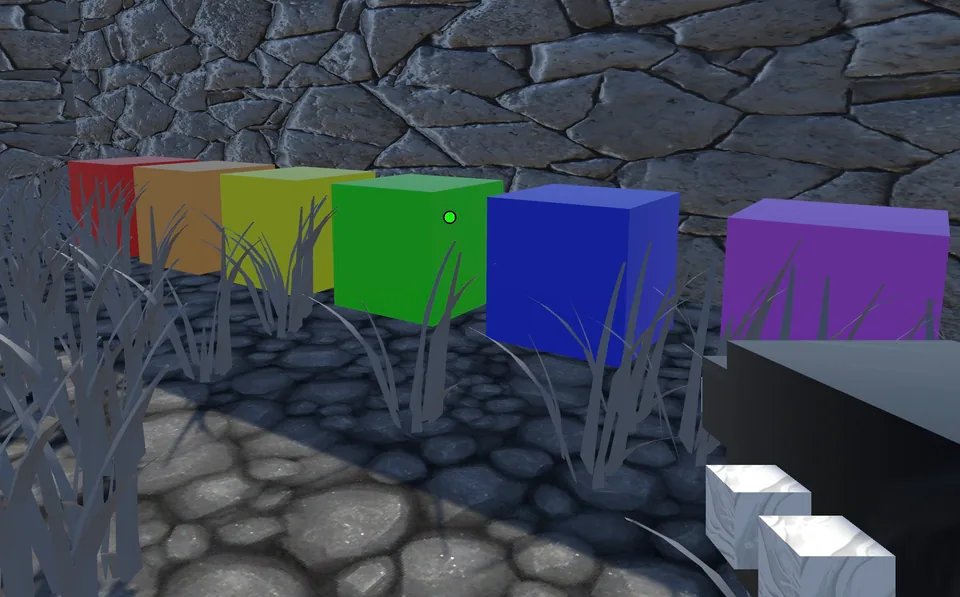 Room with large stone walls, looking at six colored cubes. From left to right, they are red, orange, yellow, green, blue, and violet. On the right, you are holding a black gun with two blank white cubes on it.